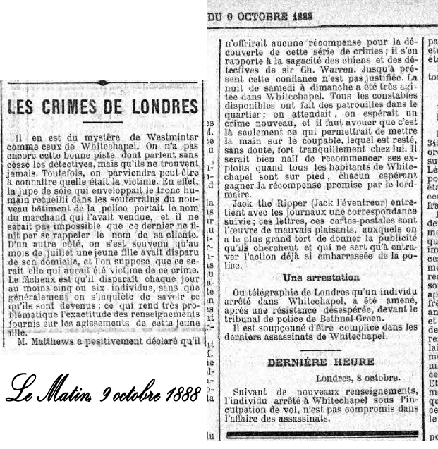 Le quotidien Le Matin évoque les meurtres de Londres dans son édition du 9 octobre 1888.
