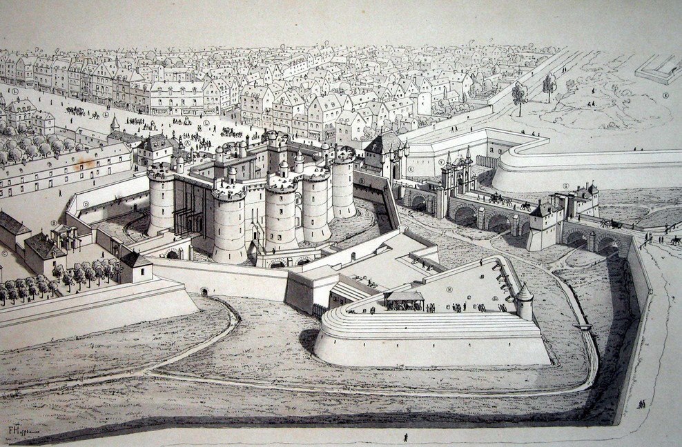 Édifiée au XIVe siècle à la Porte Saint-Antoine pour la protection de Paris, la Bastille devint par la suite une prison d’État, en voie de désaffection à la veille des événements de 1789. Illustration du haut : La bastille et ses défenses en 1650.