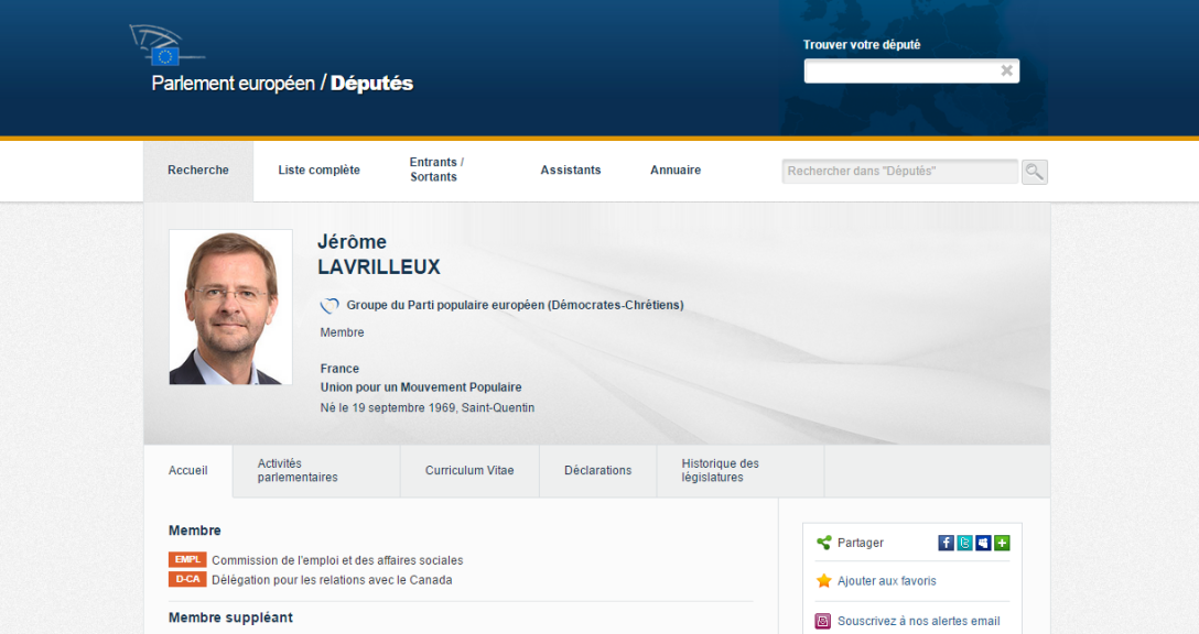 Sur le site du Parlement européen, Jérôme Lavrilleux apparaît toujours comme membre de l’UMP (copie d'écran réalisée le 29 XI 2014)
