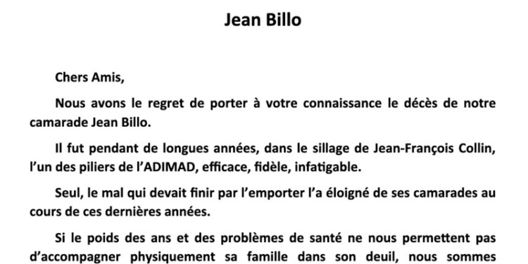 L’ADIMAD communique : In memoriam Jean Billo
