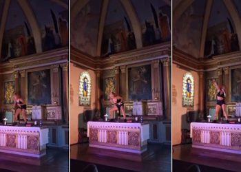 « L’humoriste » espagnole Ane Lindane imite un geste de masturbation à l’église Saint Laurent d’Arbérats