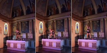 « L’humoriste » espagnole Ane Lindane imite un geste de masturbation à l’église Saint Laurent d’Arbérats